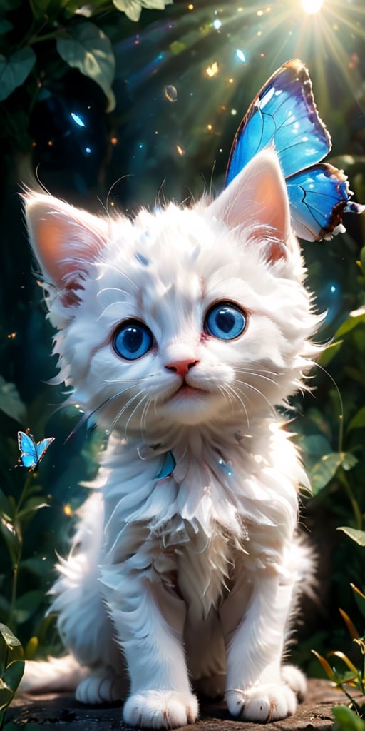 close-up portrait of a fluffy white kitten gazing upwards with wide, curious eyes. A butterfly with wings of iridescent blue flutters just above the kitten's head, its delicate form reflected in the kitten's shiny pupils. The image captures the innocence and wonder of the kitten as it experiences the beauty of the natural world.
 
