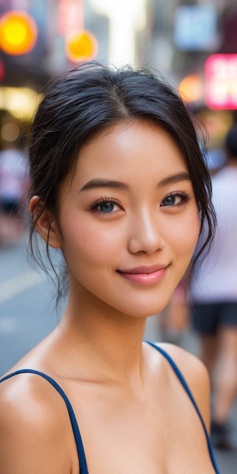 A close-up portrait of a woman with Asian features, her eyes crinkled at the corners from smiling. She has short, dark hair with streaks of pink and blue. The background is a bustling city street scene.
