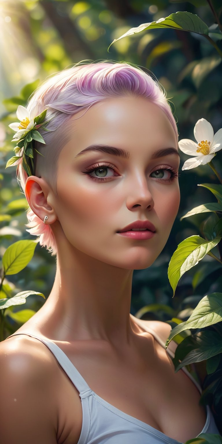 A close-up portrait of a woman with a half-shaved head and a blooming flower tucked behind her ear. Her eyes are filled with peace and serenity. The background is a lush green forest with sunlight dappling through the leaves.
