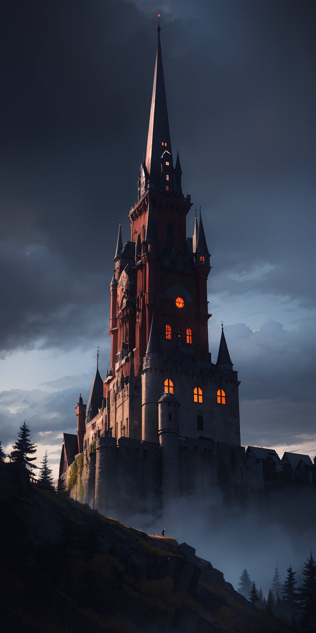 A haunted medieval castle on a stormy night,ais-darkpartz enveloping the turrets and creeping along the castle walls.,