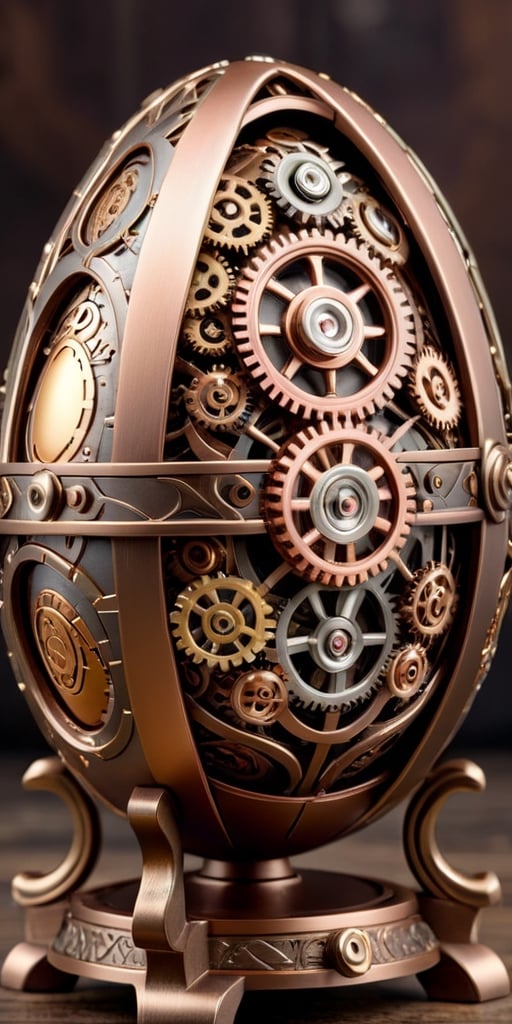 Generate an image of a steampunk-inspired Easter egg, featuring intricate metallic gears, cogs, and mechanical elements. The egg should have a vintage, industrial look, with a color palette of bronze, copper, and gold. Include intricate details and shading to give the egg a realistic, three-dimensional appearance."