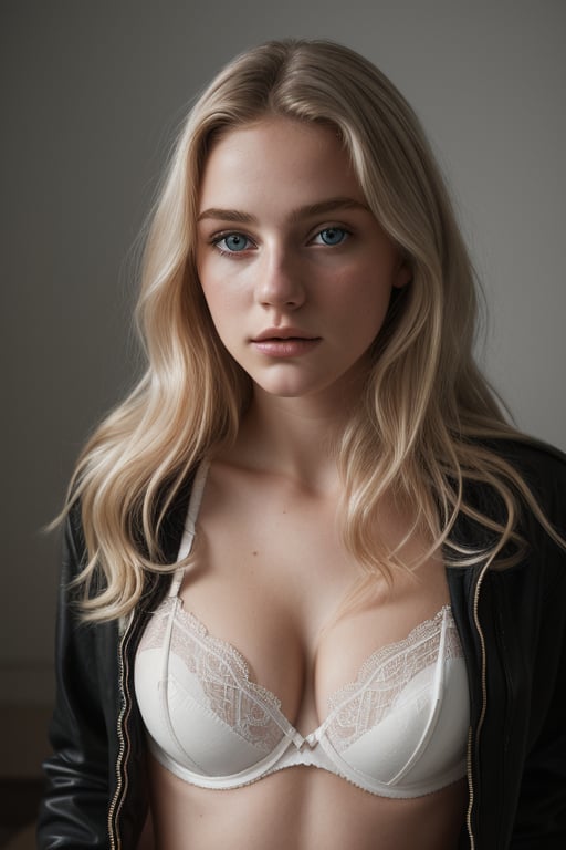 photography of a 18yo woman, masterpiece, bra, underwear, black_bra, jacket, white_panties
,realism,realistic,raw,analog,woman,portrait, blonde hair, blue_eyes, nsfw