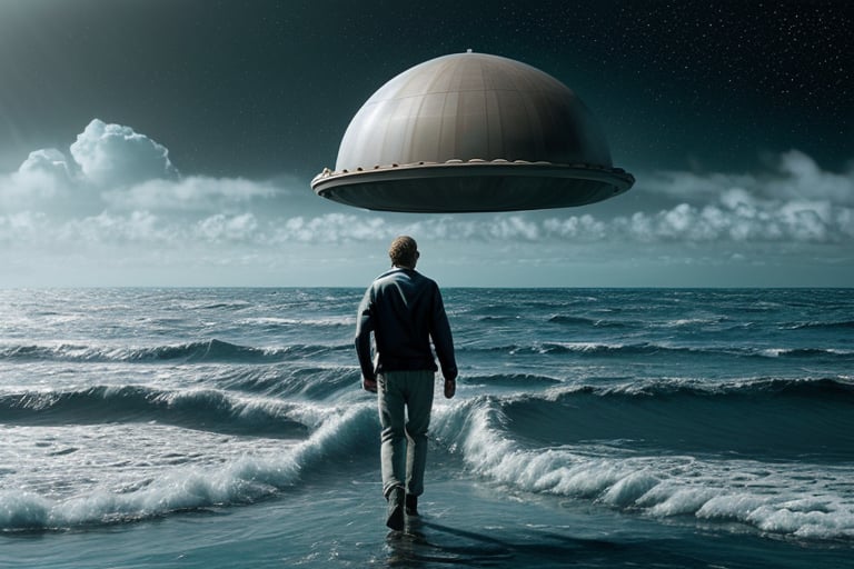 Ocean scene, man walking, planet of Pluto, cloudy ufo