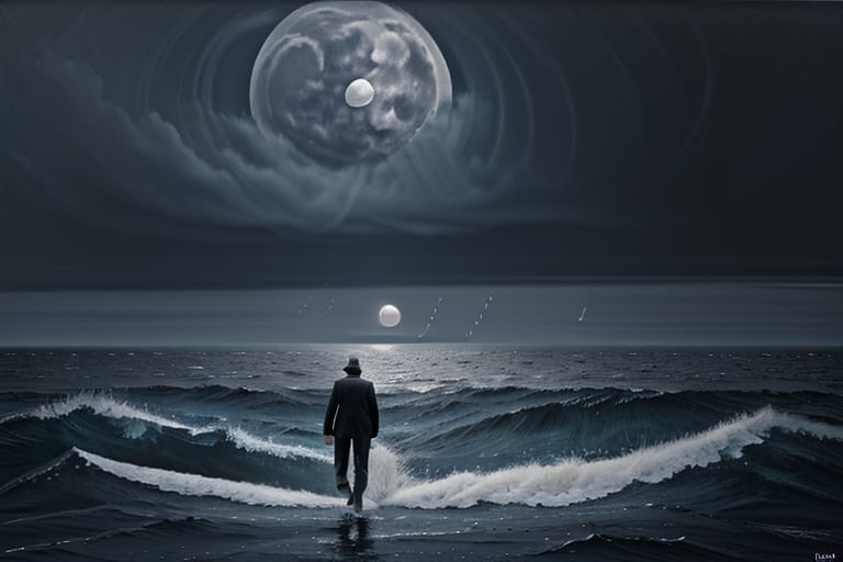 Ocean scene, masterpiece, man walking toward viewer, full moon, cloudy_sky, rough seas, --style raw--s400,no_humans