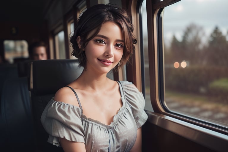 Stereoscope photo, (bokeh effect:1.2), (a photo of 25y.o. american woman:1.3),(homely:1.1), (small breasts:1.2), 1girl, dim lit,  (high detailed skin, detailed   eyes:1.1), 8k uhd, dslr, soft lighting, intricate details, best quality, film grain, Fujifilm XT3, analog style, instagram, tik tok, (athletic:1.2), (Casual Chic style:1.2), shoulder length hair, undercut hair, (curly hair:1.1), (brown hair:1.1), (oily hair:0.8), (rouge makeup:1.1), (in train:1.2), (happy face:1.2), (sleepy eyes:1.2), (wearing blouse and pants),--style raw--,weapon,