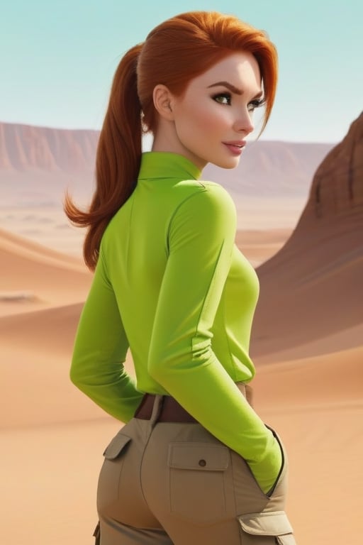 realistic looking Kim Possible wearing a (lime green top1:1.2) and  (light brown cargo pants 1:1.3), looking out over a barren deserrt in the background

