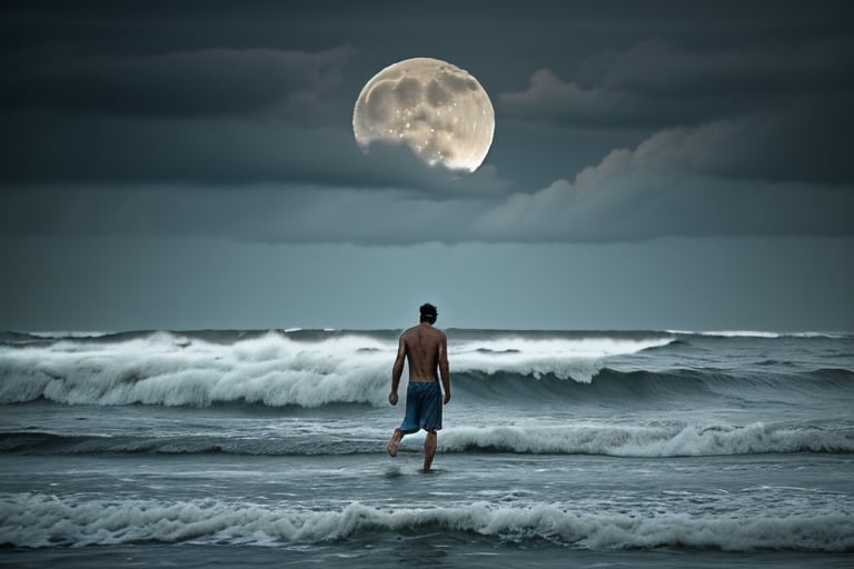 Ocean scene, man walking out of water, full moon, cloudy_sky, rough seas, --style raw--