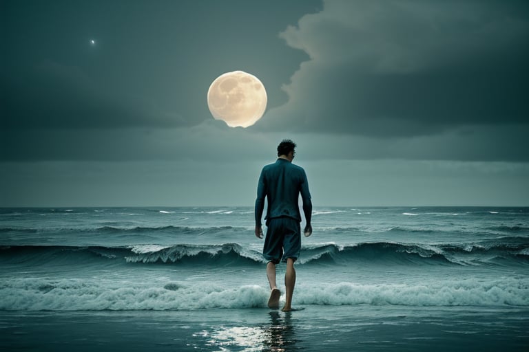 Ocean scene, man walking out of water, moon light, cloudy_sky, rough seas, --style raw--