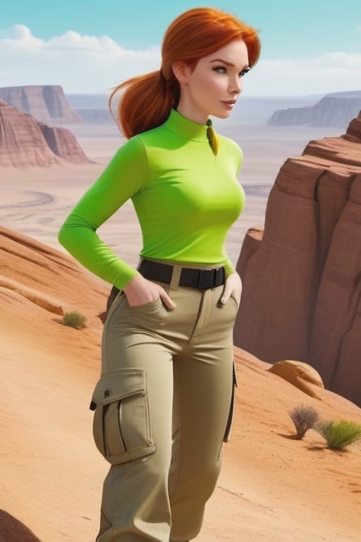 realistic looking Kim Possible wearing a (lime green top1:1.2) and  (light brown cargo pants 1:1.3), climbing a  cliff side, barren deserrt in the background

