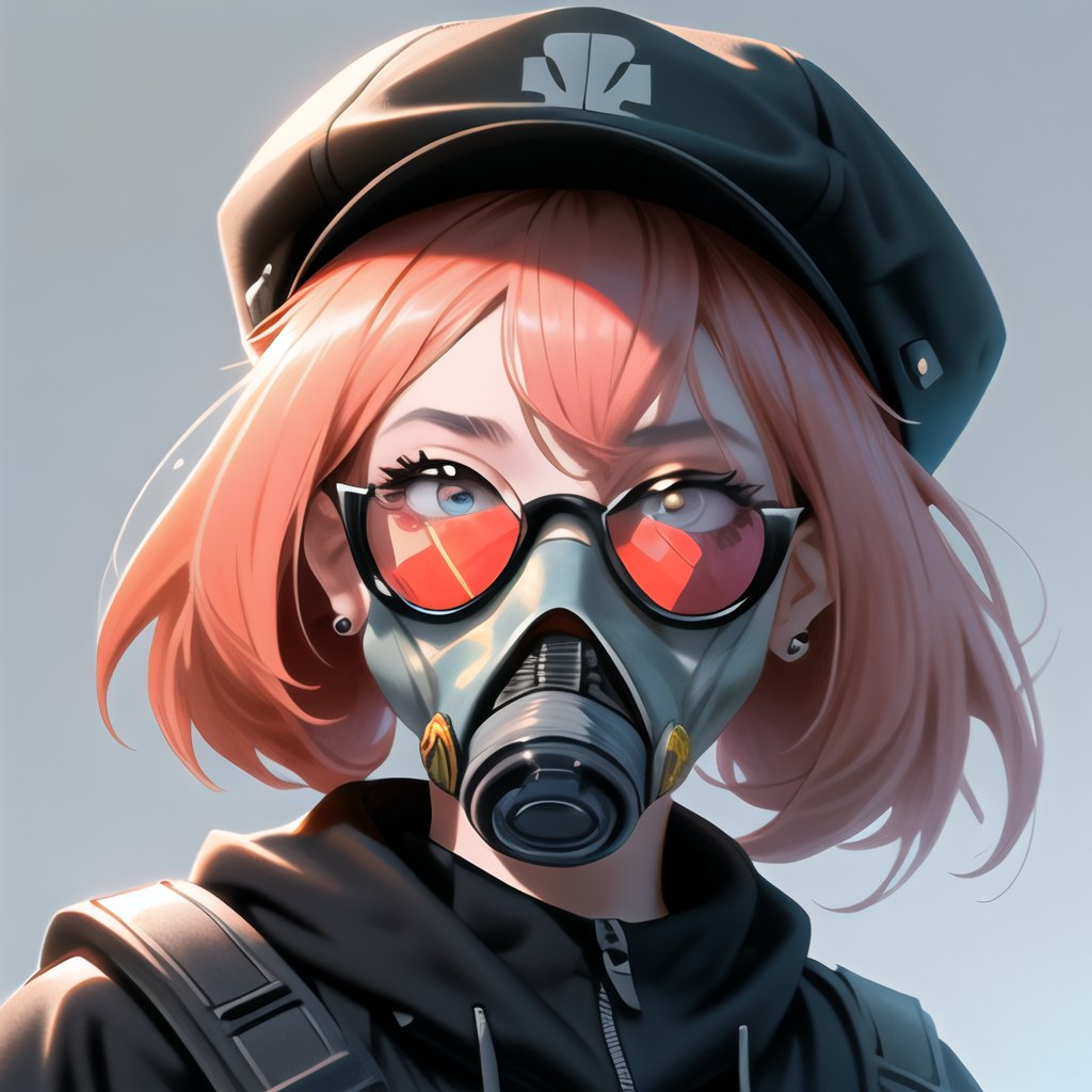 a girl wearing a black hat, gas mask and sunglasses, in the style of hard surface modeling, kidcore, chinapunk, rtx on, blocky, eye-catching, utilitarian