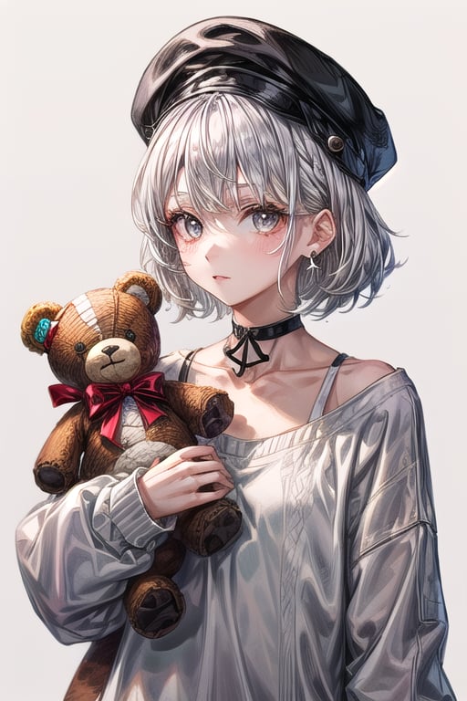 Girl wearing White Cap,Short White Hair,Hair Bangs,White eyes,Silver Eyelashes,Bandage on Cheek,Crux Immisia Style Earring,Waering Black Choker On Neck,Wearing White Sweater,Holding Teddy Bear Toy,(Best quality,Highest quality:1.4)