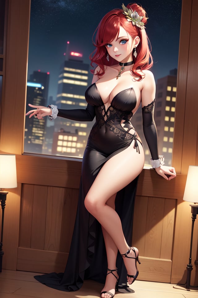 masterpiece:1.2, best quality:1.2, beautiful, high quality, highres:1.1, aesthetic), detailed, extremely detailed, ambient soft lighting, perfect blue eyes, perfect face, 1girl, large red hair, hair ornament, normal breasts, red gatsby dress, strapless, dress can see through, show nipples, bare shoulders, sleeveless, wrist cuffs, detached sleeves, earrings, black choker, looking at the viewer, full body, slim body, green eyes,LuxuriousWheelsCostume,