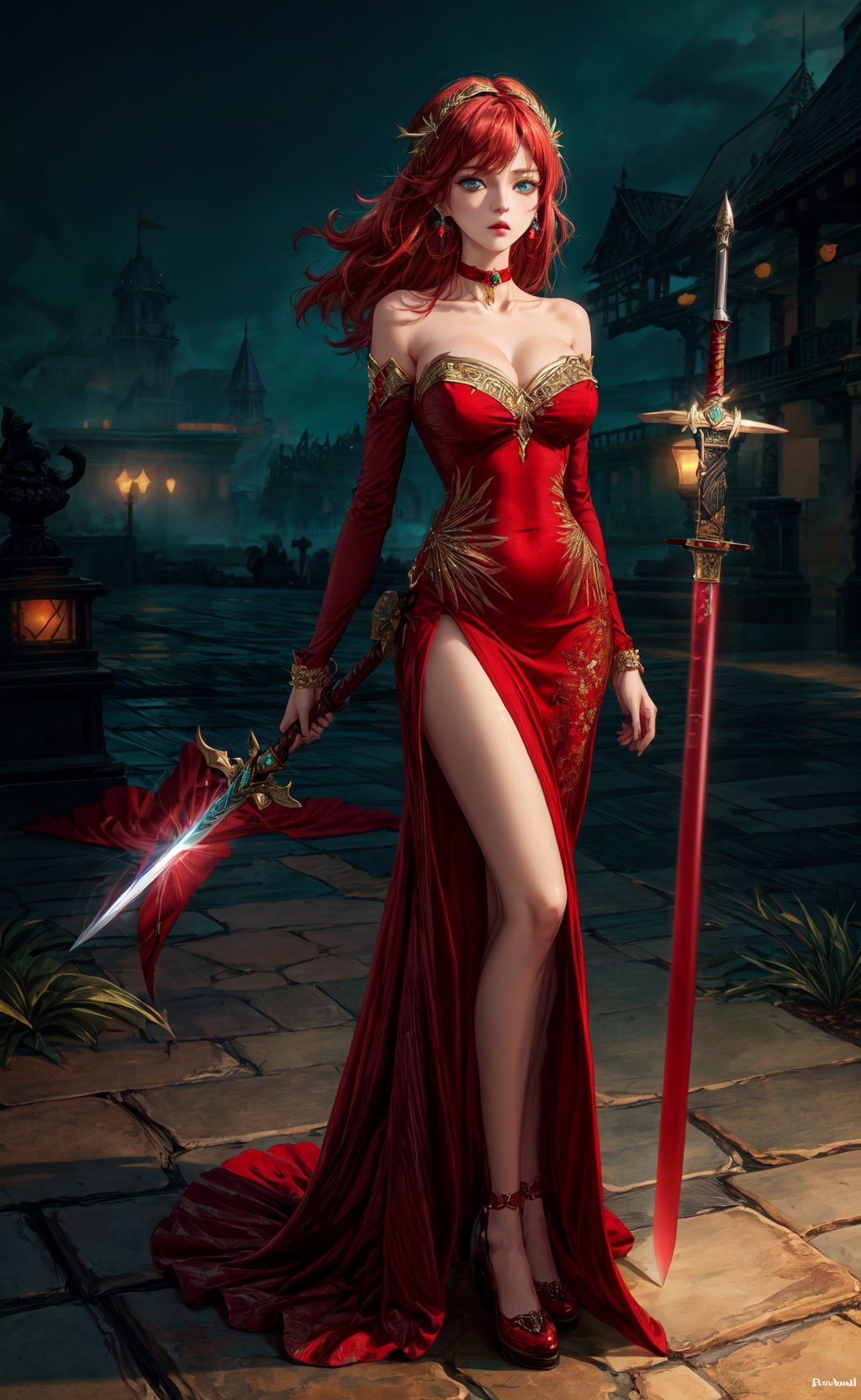 masterpiece:1.2, best quality:1.2, beautiful, high quality, highres:1.1, aesthetic), detailed, extremely detailed, ambient soft lighting, perfect blue eyes, perfect face, 1girl, large red hair, hair ornament, normal breasts, red gatsby dress, strapless, dress can see through, show nipples, bare shoulders, sleeveless, wrist cuffs, detached sleeves, earrings, black choker, looking at the viewer, full body, slim body, green eyes, Luxurious Wheels Costume, esmerald green, white and ruby ​​red feathers,drow,weapon,sword,