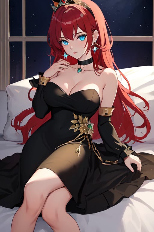 (masterpiece:1.2, best quality:1.2, beautiful, high quality, highres:1.1, aesthetic), detailed, extremely detailed, ambient soft lighting, perfect blue eyes, perfect face, 1girl, large red hair, hair ornament, normal breasts, red gatsby dress, strapless, dress can see through, show nipples, bare shoulders, sleeveless, wrist cuffs, detached sleeves, earrings, black choker, looking at the viewer, full body, slim body, green eyes,LuxuriousWheelsCostume, black dress, princess silver crown