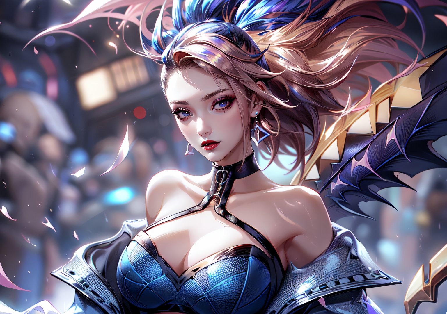 hot(masterpiece, top quality, best quality, official art, beautiful and aesthetic:1.2), (1girl), extreme detailed (masterpiece, top quality, best, official art, beautiful and aesthetic:1.2),Akali KDA Character, looking you, office suit, bite finger, female, long black and gold hair, content, scoundrel, chains, justiciar, vile, glowing eyes, rain, Akali, KDA, Akali,akali