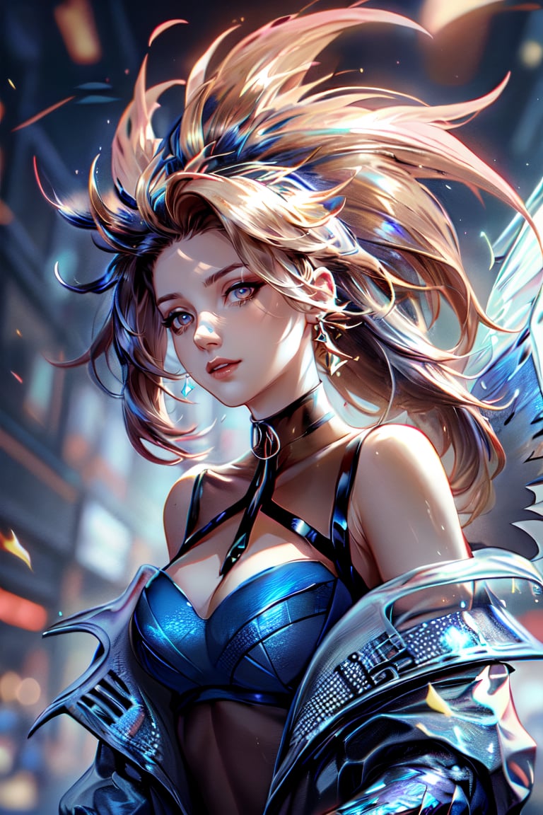 hot(masterpiece, top quality, best quality, official art, beautiful and aesthetic:1.2), (1girl), extreme detailed (masterpiece, top quality, best, official art, beautiful and aesthetic:1.2),Akali KDA Character, looking you, office suit, bite finger, female, long black and gold hair, content, scoundrel, chains, justiciar, vile, glowing eyes, rain, Akali, KDA, Akali,akali