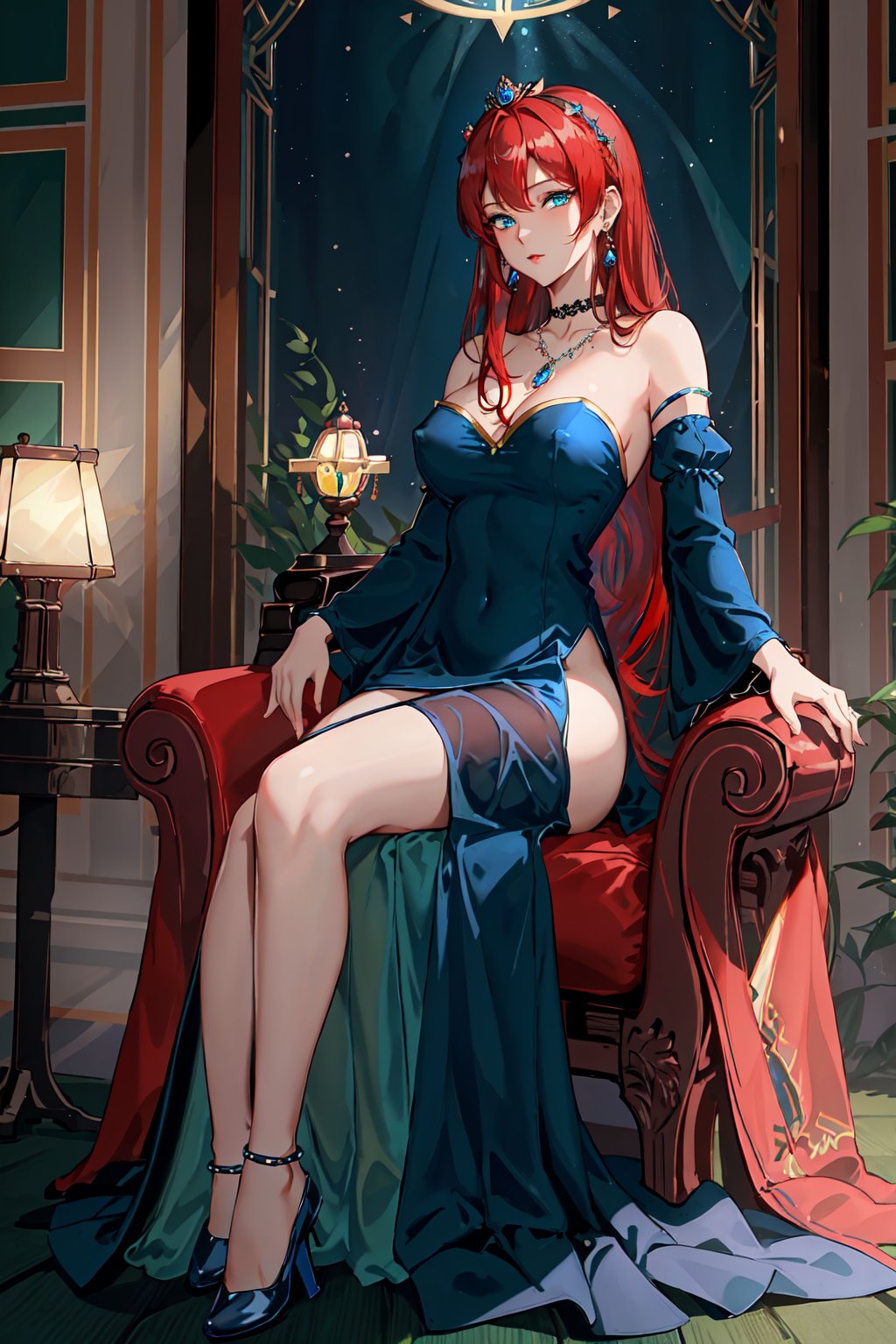 masterpiece:1.2, best quality:1.2, beautiful, high quality, highres:1.1, aesthetic), detailed, extremely detailed, ambient soft lighting, perfect blue eyes, perfect face, 1girl, large red hair, hair ornament, normal breasts, red gatsby dress, strapless, dress can see through, show nipples, bare shoulders, sleeveless, wrist cuffs, detached sleeves, earrings, black choker, looking at the viewer, full body, slim body, green eyes,LuxuriousWheelsCostume, black and blue dress, princess silver crown, 