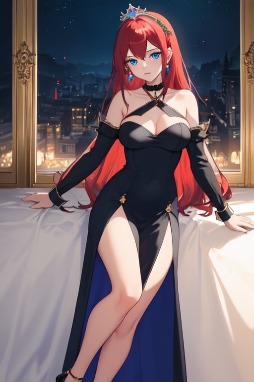 (masterpiece:1.2, best quality:1.2, beautiful, high quality, highres:1.1, aesthetic), detailed, extremely detailed, ambient soft lighting, perfect blue eyes, perfect face, 1girl, large red hair, hair ornament, normal breasts, red gatsby dress, strapless, dress can see through, show nipples, bare shoulders, sleeveless, wrist cuffs, detached sleeves, earrings, black choker, looking at the viewer, full body, slim body, green eyes,LuxuriousWheelsCostume, black and blue dress, princess silver crown