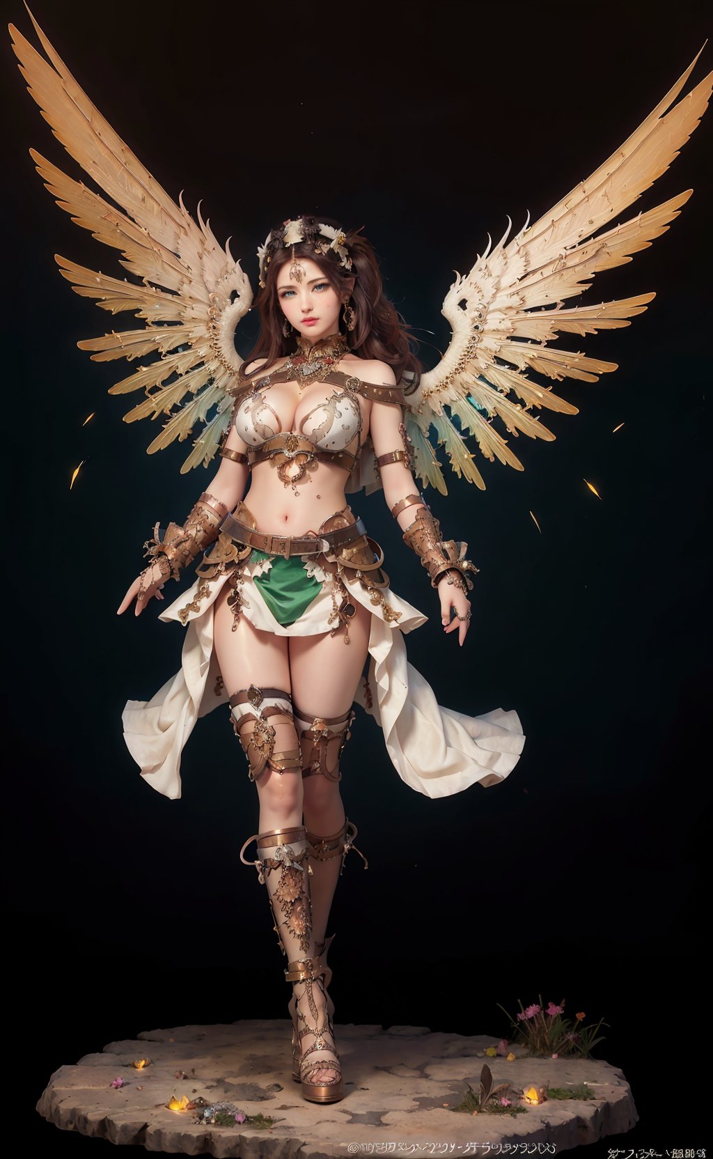 hot, Ultra high resolution, full body, high resolution, (masterpiece: 1.4), hyper-detail, 1girl, full body , character print, blight blue eyes, {{sexy}} color theme, game,(masterpiece, top quality, best quality, official art:1.2), (1girl), extreme detailed,(fractal art:1.3),colorful,highest detailed, Aztec colors, green esmerald, red and white colors, Big mercy´s Angel wings