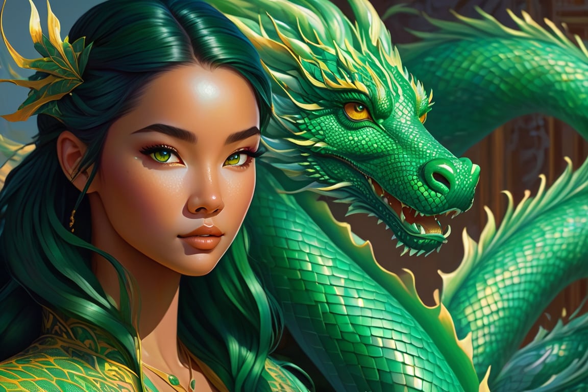 Imagine a beautiful girl riding a jade dragon intricate scales, hyperdetailed face, hyperdetailed eyes, flowy hair, fantasy vibes, cinematic, 8k, flawless masterpiece, greg manchess style, audrey kawasaki style,  elizabeth Murray style, airbrushed, amber glow