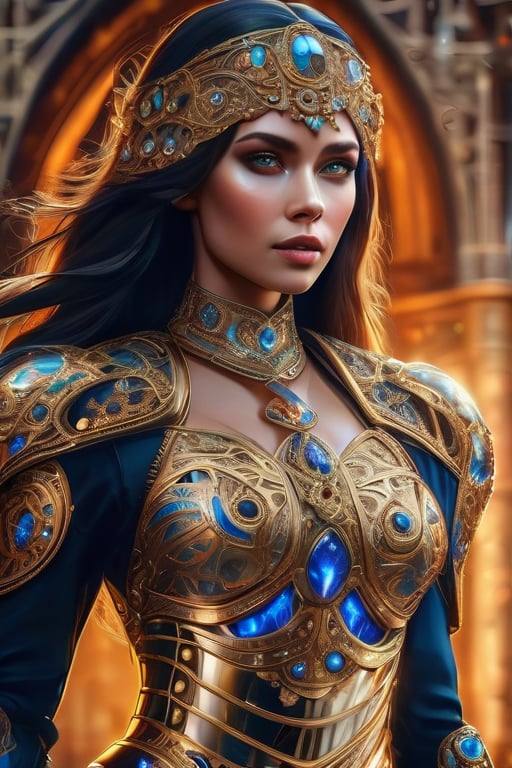 Imagine A a Cinematic image of a beautiful woman wearing an intricate bejeweled armor,  best quality, extremely detailed intricate image, area lighting in background, HD, 8k, (cowboy shot), airbrushed, Glowing body tattoos, high fantasy vibes, hyperdetailed face, hyperdetailed eyes, long flowy hair, 8k, flawless, circle swirl elements, gustav klimt style, yulia brodskaya style 