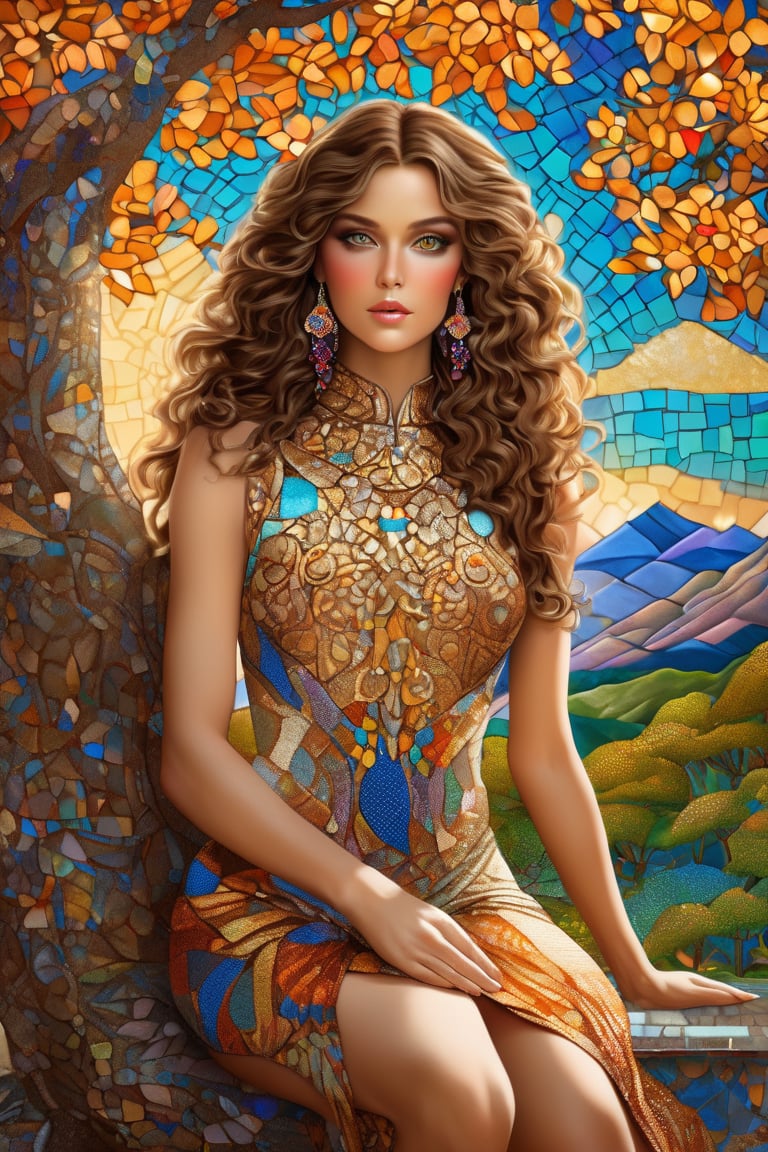 Intricate detailed picture of a beautiful girl wearing an super intricate sleeveless with colorful mosaic tile embroidered in the frabric sitting under a magestic flowering magnolia tree, flowy  voluminous wavy brown hair, refletive amber eyes, airbrushed, best quality, 8k, magical fantasy vibe, mountains scene background,  hyperdetailed face,  whimsical sky, soft amber glow,  yulia brodskaya style, gustav klimt style 