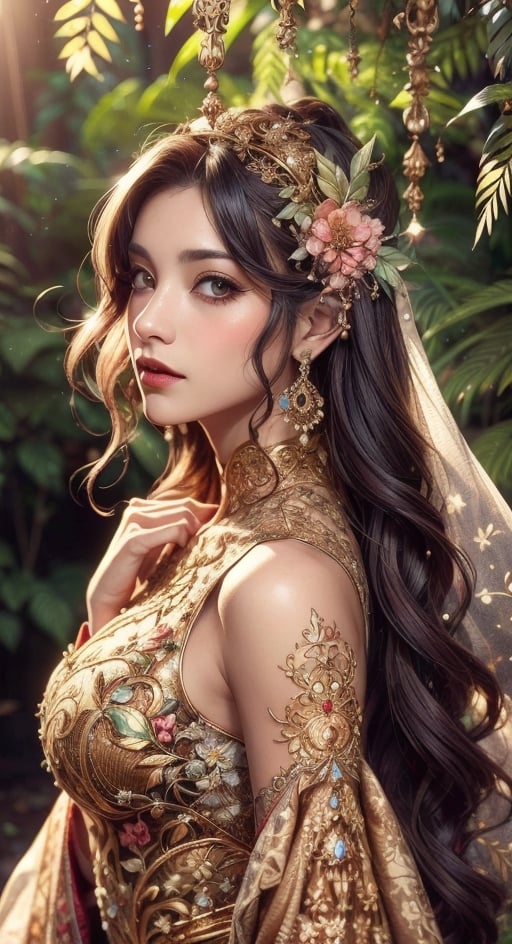Cinematic results, colorful portrait picture of a beautiful fairy with flowy mangenta hair, she is wearing an intricate brocade dress gold jewelry,  she is surrounded by nature with lush foliage and flowery vines hanging about, work of beauty and complexity, dynamic pose, 8kUHD , ultradetailed face  , sharp focus on eyes, 35mm digital photography, ornate unique intricate clothes, DonMF41ryW1ng5,kaede