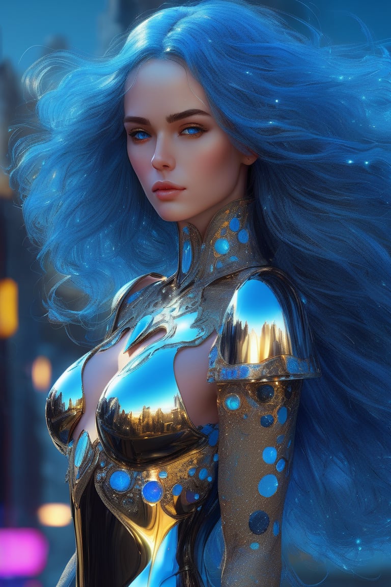 Imagine a metalic woman made of chrome, awesome fantasy, fantastical, flawless, 8k, airbrused, gustav klimt style, yulia brodskaya style, circle elements, neon glow elements, flowy sapphire-blue hair , futuristic utopia architecture 