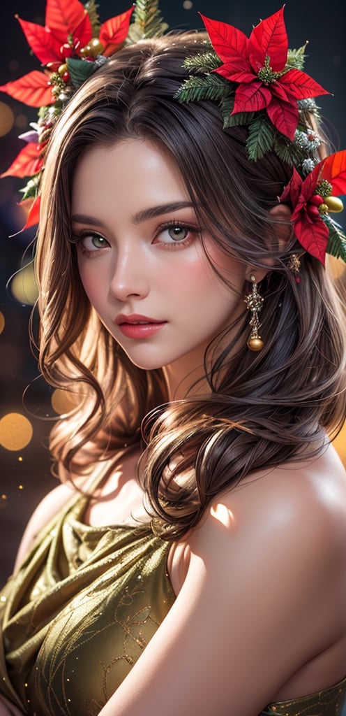 Cinematic results, create a beautiful artwork portraying a beautiful woman with flowy hair with poinsettia flowers cascading out of it, professional masterpiece results,  highest quality, ultra detailed ,Enhanced Reality,dripping paint, christmas tree background,  christmas ornaments,  fractal glowing elements 