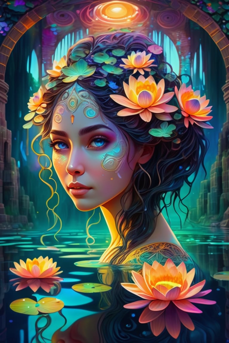 Imagine a intricate image of a beautiful woman bathing in an enchanted lake with lilypads, ancient ruins background, flowy hair, fantasy vibe, airbrushed, 8k resolution, circle swirl elements, neon glow elements, gustav klimt style, yulia brodskaya style, hyperdetailed face, hyperdetailed eyes 