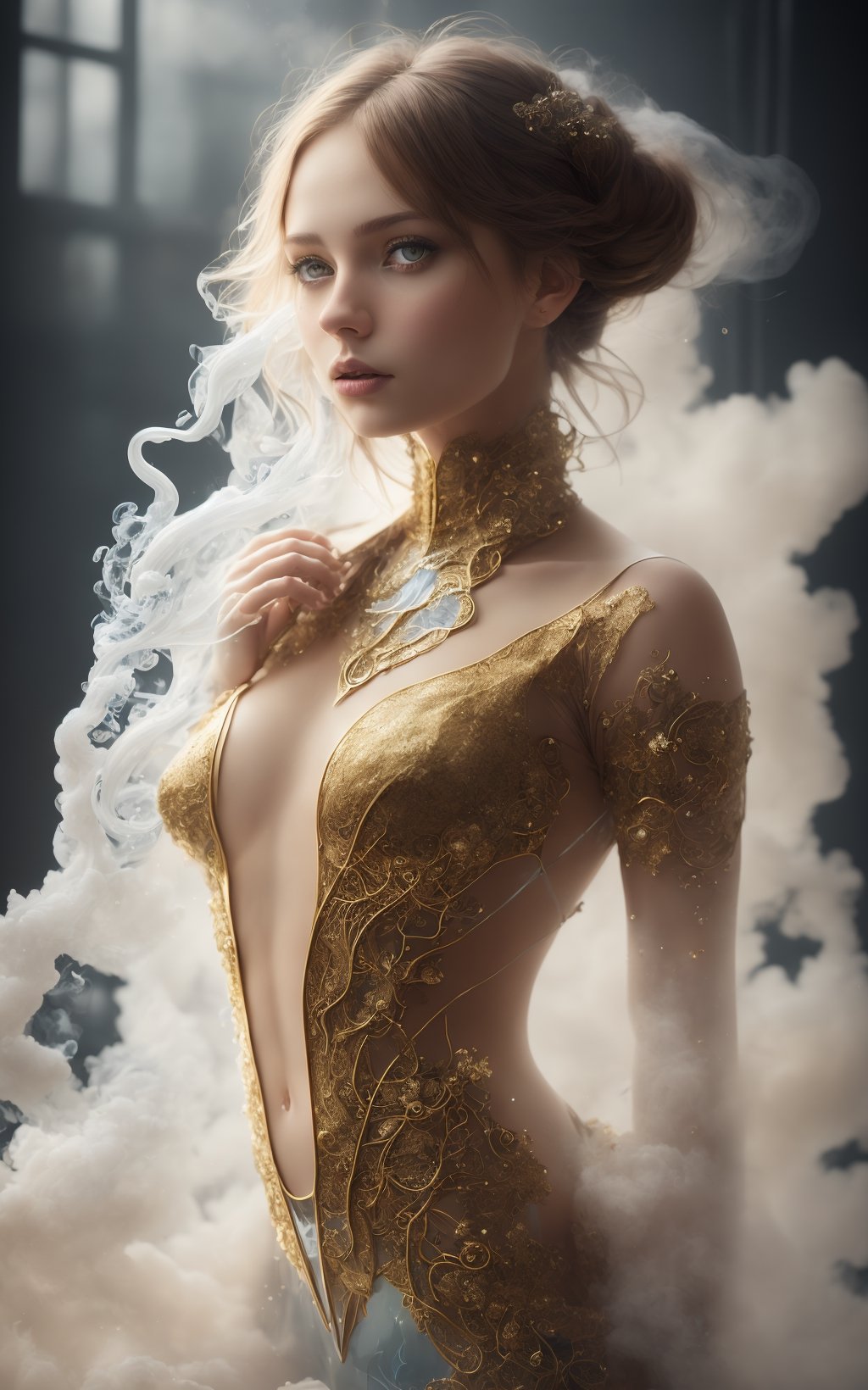 Professional photography of a glass woman, her face is ultrarealistic and hyperdetailed showing beautiful hazel eyes,  her hair is tied to the top of her head, her body is made of translunce clear seethrough glass with intricate smoke swirling inside of her translucent glass-body, glowing translucent glass fractal elements, work of beauty and complexity, gloomy background, soft studio lighting, golden ratio, 80mm digital photo with sharp focus on eyes,  alberto seveso style, wide_hips,  smoke trapped inside her translucent-glass-body,  dynamic pose 