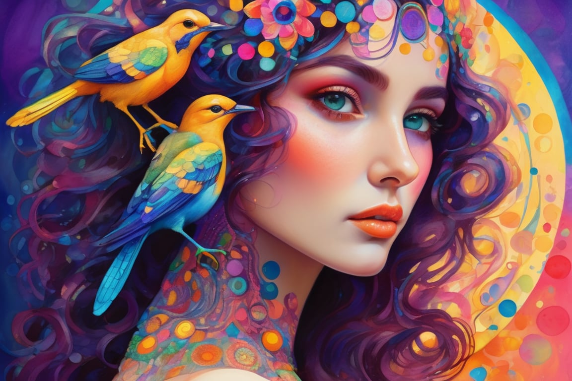 Pointillism and art nouveau style, intricately adorned colorful bird, fantasy, Pointillism style, yulia brodskaya style, gustav klimt style, 8k, flawless masterpiece, flowy hair, intricate details, colorful rendition, fantasy, whimsical  circles elements, neon glow