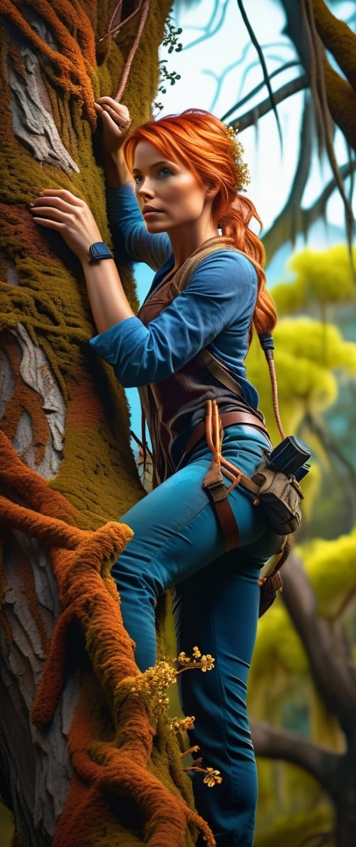 Cinematic results,  intricate ultra detailed portrait picture of a woman with copper hair climbing a tree,  work of beauty and complexity, 8kUHD, spanish moss background with tiny flowers,ColorART,hyper real extra effect add, waterfall,  golden hour ,fire element,cyberpunk style