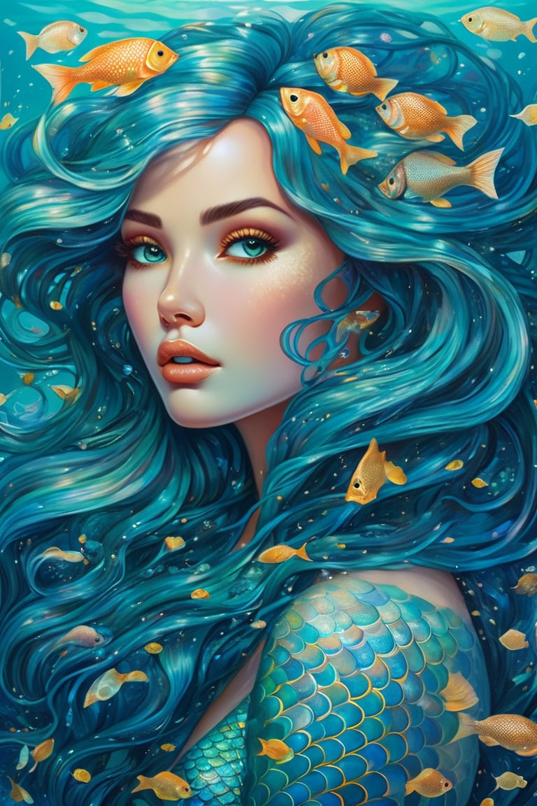 Imagine a beautiful hyper realistic mermaid with an opal scaled fish tail, fantasy, underwater, flowy hair, hyperdetailed face, hyperdetailed eyes, 8k, flawless masterpiece, airbrushed, audrey kawasaki style, gustav klimt style, colorful rendition, aquamarine glow, from below 