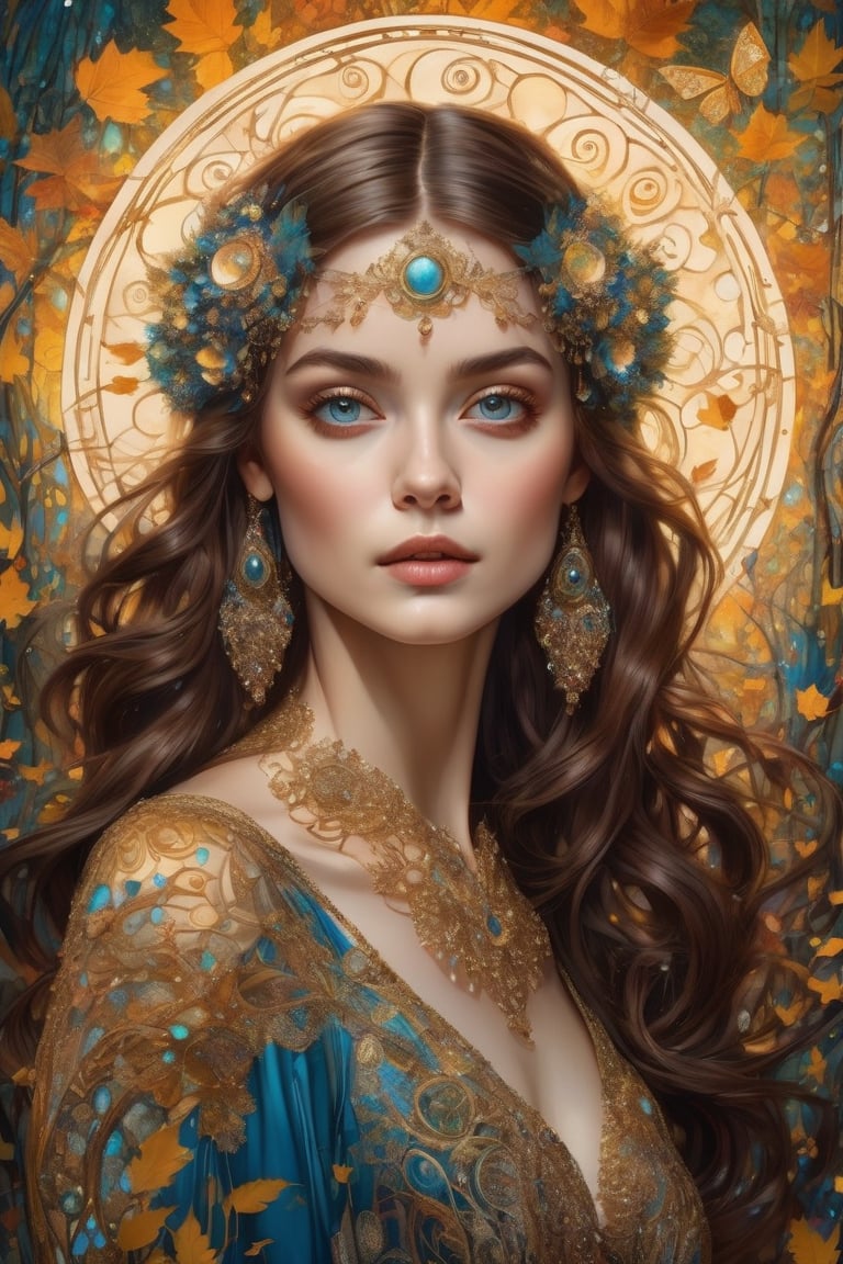 Imagine a Cinematic image of a beautiful woman in a enchanted forest looking at lightingbugs, intricate dress, hyperdetailed face,  hyperdetailed eyes, 
Image with amazing intricate details, circle swirl elements,  gustav klimt style, yulia brodskaya style, long flowy brown hair, 8k, flawless, colorful rendition 