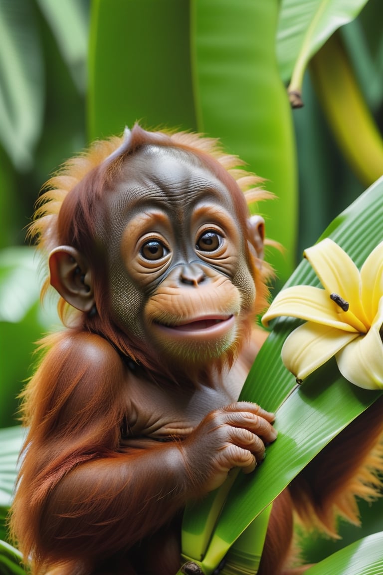 , professional nature photography, portrait of a cute baby orangutan, flowers and banana leaves background, ultrarealistic and ultradetailed, 8kUHD , flower elements, ultradetailed face , close-up ,DonMG414, close-up, 35mm digital photography, sharp focus on eyes,  bokeh 