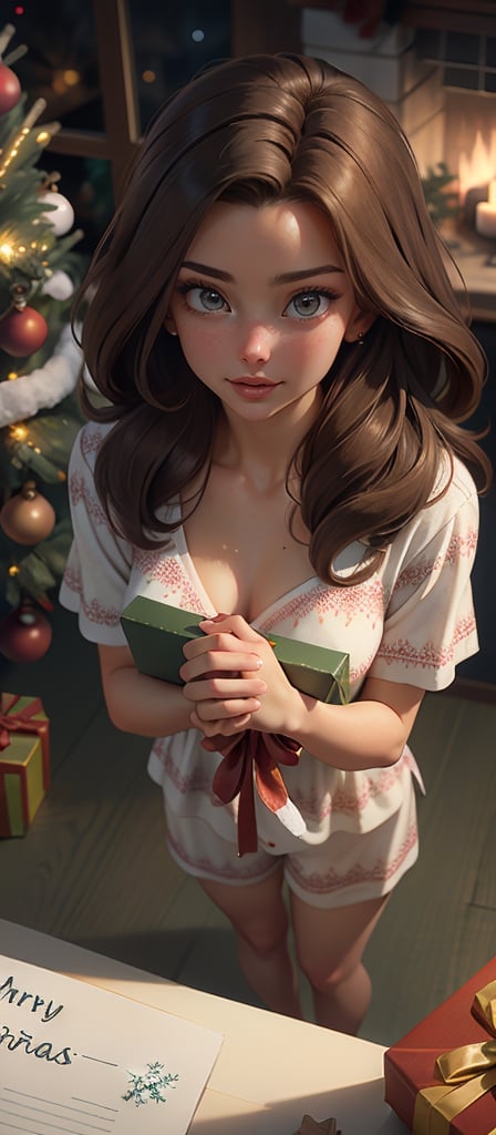 From above, Cinematic professional results, ultrarealistic hyperdetailed, Christmas wonder, beautiful woman decorating a Christmas tree with lights, bokeh, 8kUHD, brunette with long flowy hair,  holding Christmas gift,  wearing pijamas 