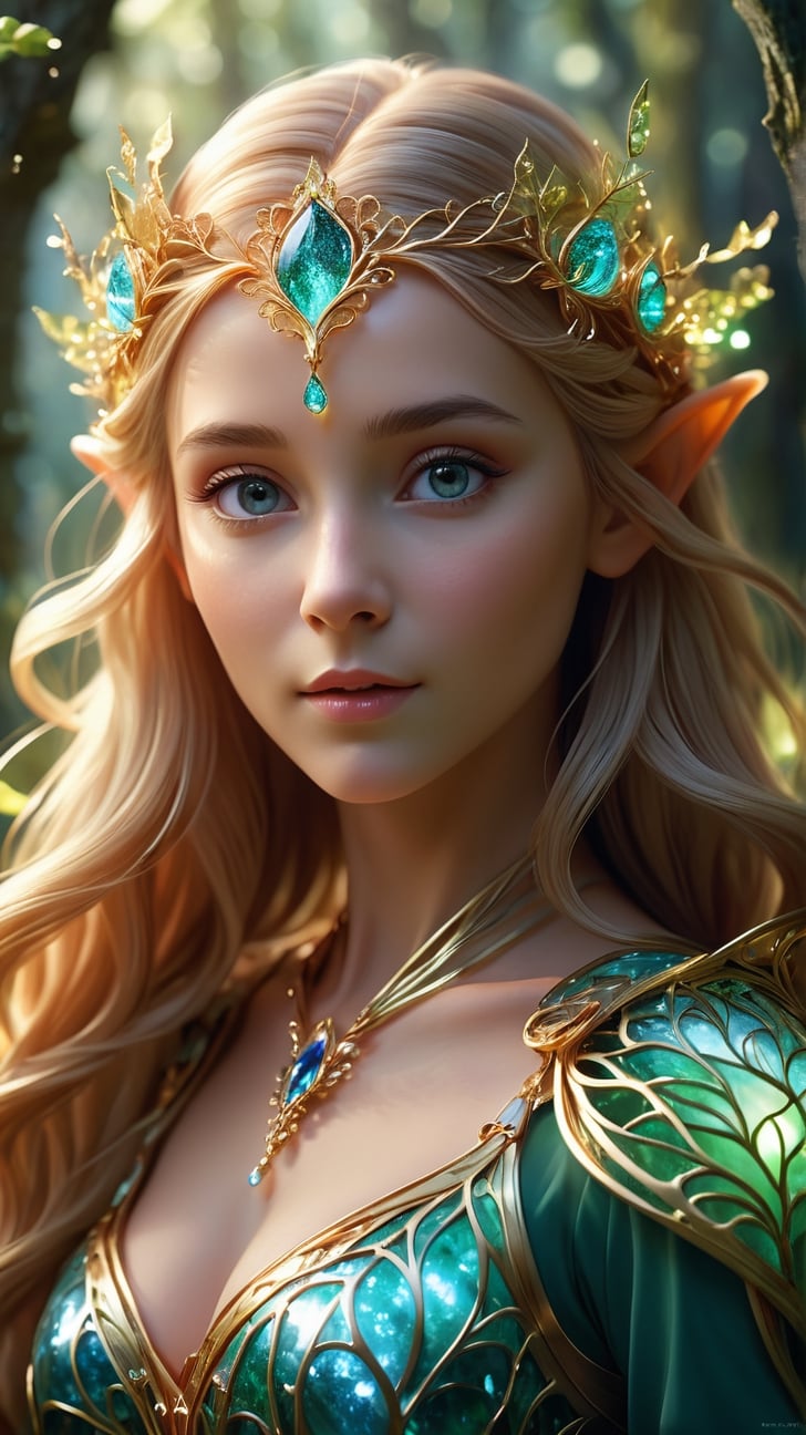 Photorealism, professional cinematic results, colorful ultra detailed picture of a beautiful elven princess wearing an intricate floral dress with glowing fractal glass elements in an enchanted forest landscape, zoom digiral photography with sharp focus on face, bokeh, work of beauty and complexity invoking a sense of magic and fantasy, 8kUHD, colorful flowy hair resemblingsteaminwater, amber glow ,ColorART,fire element, golden jewelry, flowering vines 