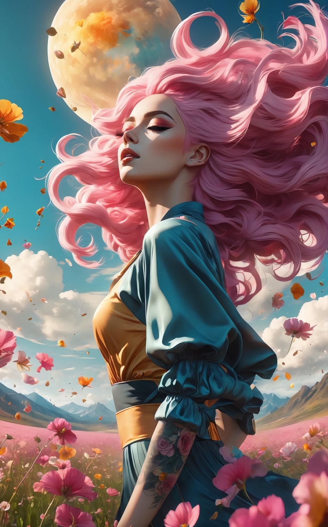  imagine a beautiful woman walking by a field if wild flowers with her body tattooed in intricate colorful floral design, long sapphire pink hair blowing with the wind,  sense of beauty and a wonder, sunset, 8k UHD, alberto seveso style,EpicSky,arcane, wide_hips, amber glow, flower petals flying with the wind, hazel eyes 