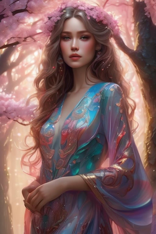 Imagine an intricate image of a beatiful woman wearing an intricate flowy silk dress with cherry blossoms dresing walking in a enchanted forest, 8k, whimsical, high fantasy vibes, best quality, 8k, detailed hair, hyperdetailed face, hyperdetailed eyes, gustav klimt style, yulia brodskaya style, neon glow elements, flowy hair, circle swirl elements, close-up 