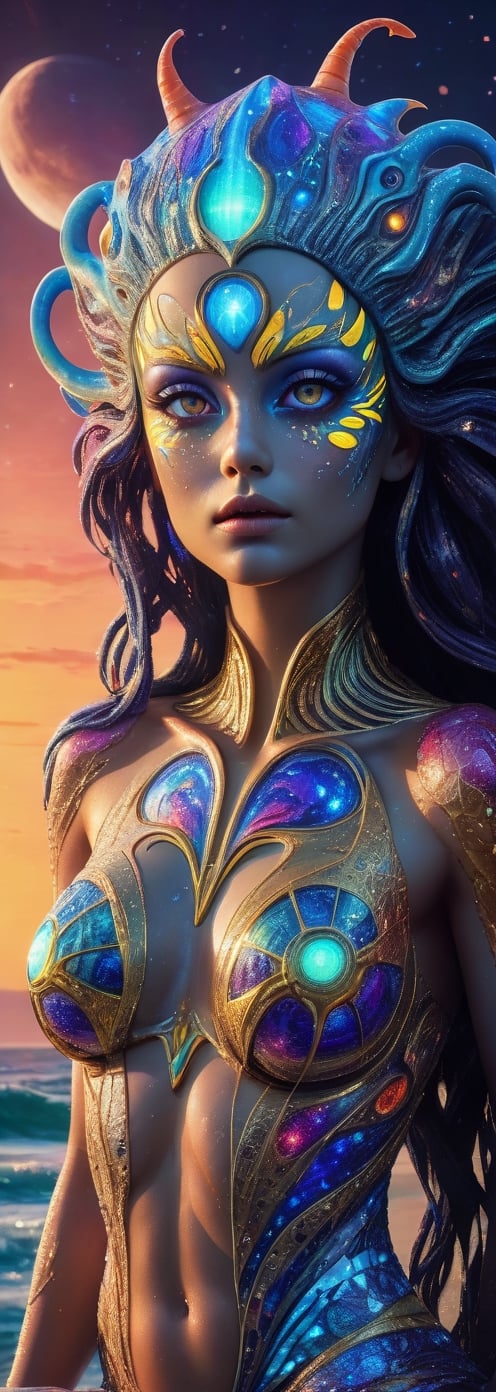 Photo of a beautiful colorful majolica sea-creature with translucent scales emitting glowing cosmic energy and radiance with glowing fractal glass elements , she is seated at a rock, full-moon background, 
 awe inspiring sense of beauty, flawless masterpiece, UHD,  hyperdetailed face,  hyperdetailed eyes, glowing mosaic tile elements, galaxy, 35mm digital photograph, sharp focus on eyes ,Monster,ColorART,  ultrarealistic hyperdetailed face 