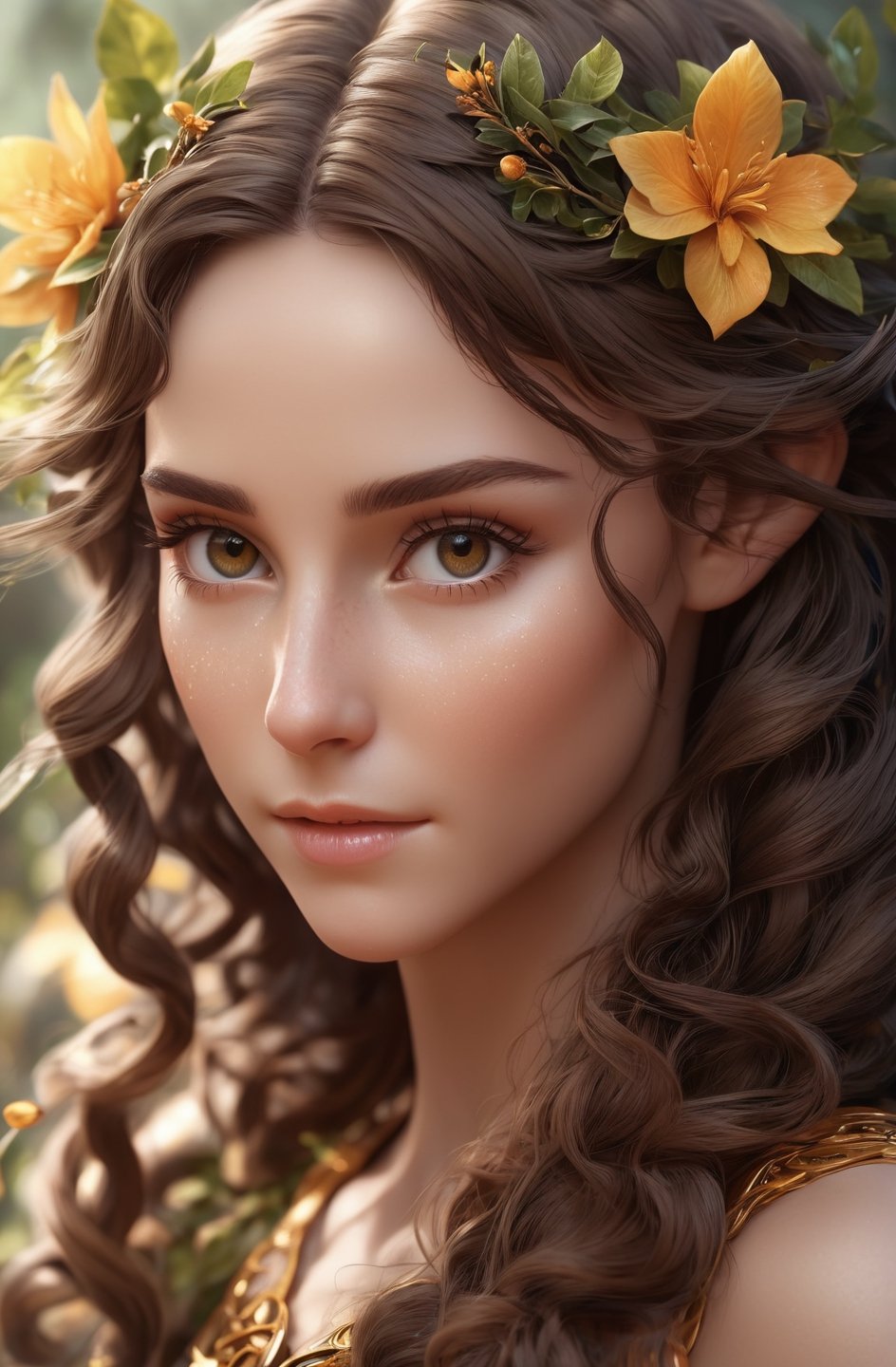 Cinematic results, create a picture of a beautiful elven woman with curly dark brown hair and luminous amber eyes, flower elements, sense of beauty and complexity, ultradetailed ultrarealistic face, 35mm digital photography with sharp focus on eyes, 8kUHD,  close-up,  light sprinkle of freckles, elf_ears, foliage foreground and background , fractal glowing elements, bacteria art elements 