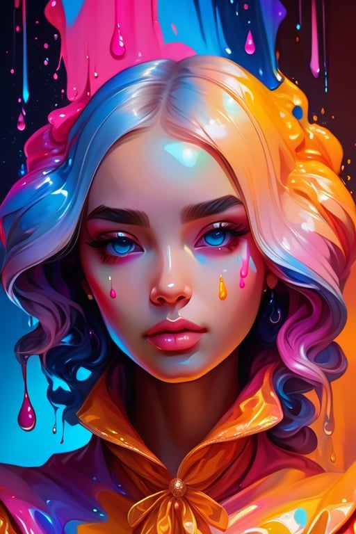 Cinematic, splash art, maximalist rococo, lovely girl dressed in silk, astral scape, hyperdetailed face, tears, 8k, best quality, masterpiece,  oil painting, heavy strokes, magical, surrealism, paint droppings, vivid colors, neon glow, back background, portrait, amber eyes