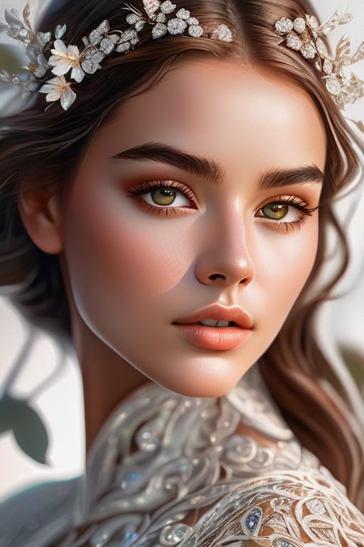 Imagine realistic and colorful girl wearing intricate  reflective silver jewelry, flowering vines, white dress, 8k, hazel eyes, brown hair, hyperdetailed face, wind, hyperdetailed eyes, focus on eyes, from below, rebecca guy style, karem beyit style, ultra realistic, professional digital photography, bokeh 