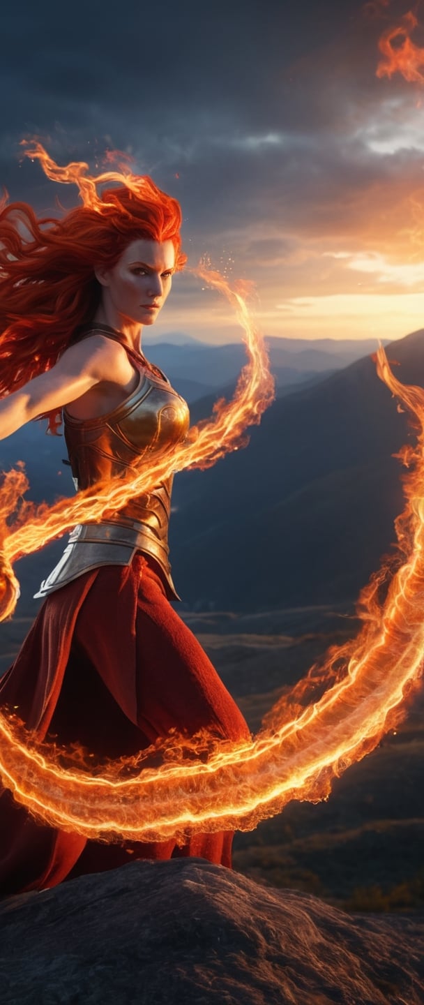 Wide-angle viewed from-above aerial view,  a beautiful fire elemental woman,  flaming red hair flowing like flames, 8kUHD, mountain views and sunset sky, wearing a warrior's outfit,  close-up, hyperdetailed face,  sharp focus on face 