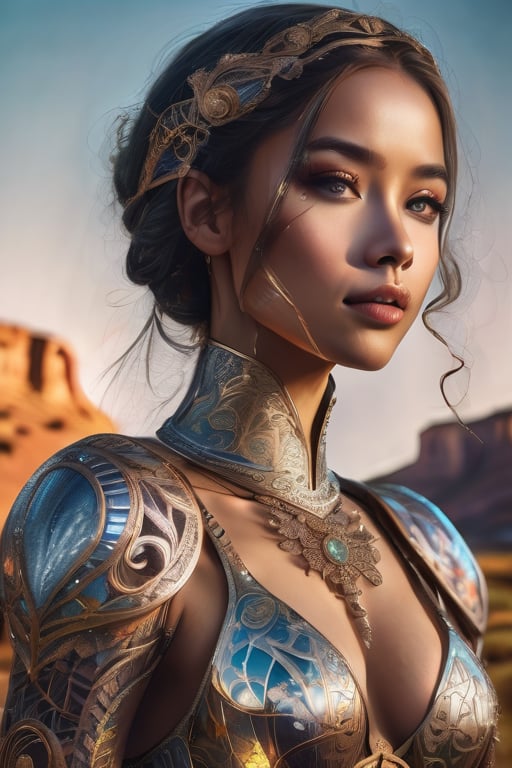 Imagine A a Cinematic image of a beautiful woman wearing an intricate bejeweled armor,  best quality, extremely detailed intricate image, area lighting in background, HD, 8k, (cowboy shot), airbrushed, Glowing body tattoos, high fantasy vibes, hyperdetailed face, hyperdetailed eyes, long flowy hair, 8k, flawless, circle swirl elements, gustav klimt style, audrey kawasaki style 