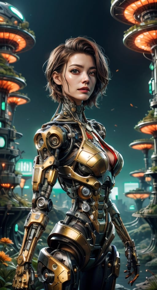 Cinematic results, colorful picture of a beautiful cyborg with short flowy hair,  she is wearing an intricate brocade dress gold jewelry,  she is surrounded by nature in a futuristic utopian city, work of beauty and complexity, dynamic pose, 8kUHD , ultradetailed face  ,DonMG414, surreal vibe, flowers, amber glow,