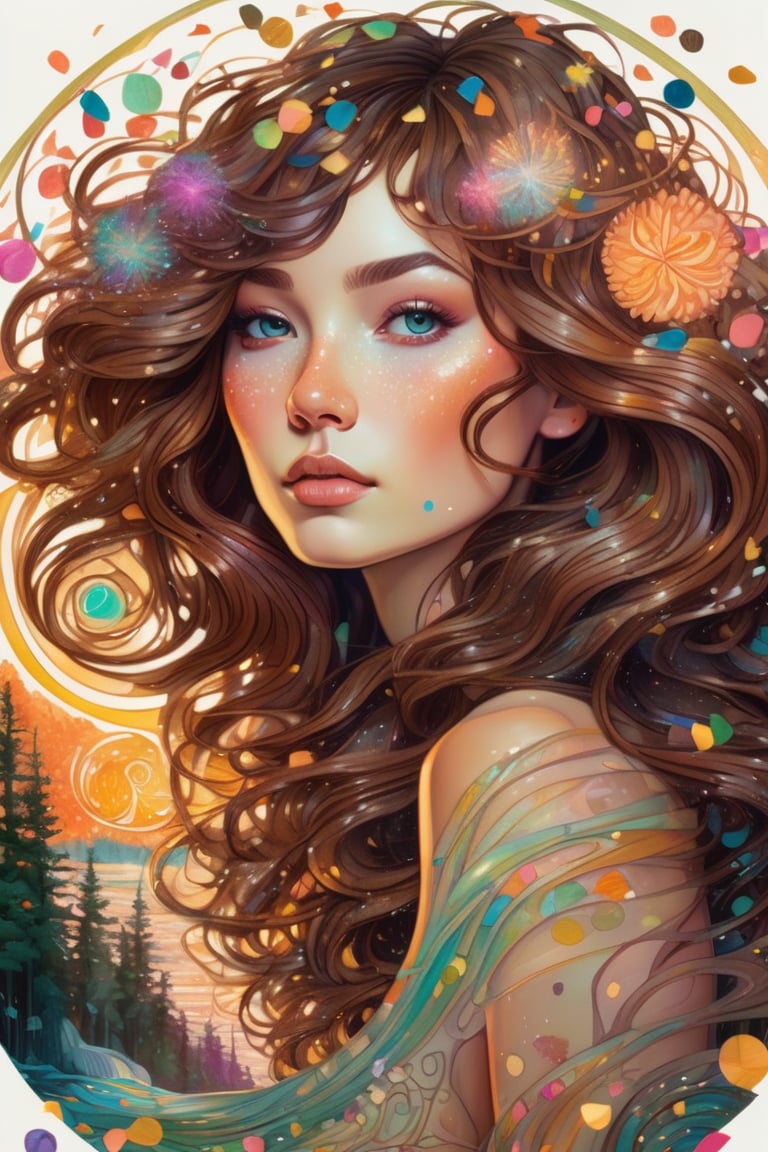 Imagine a beautiful woman in a intricate tube to walking in an enchanted forest, awesome fantasy, fantastical, flawless, 8k, airbrused, gustav klimt style, audrey kawasaki style, coloful confetti elements, neon glow elements, flowy brown hair ,  hyperdetailed face, circle swirl elements 