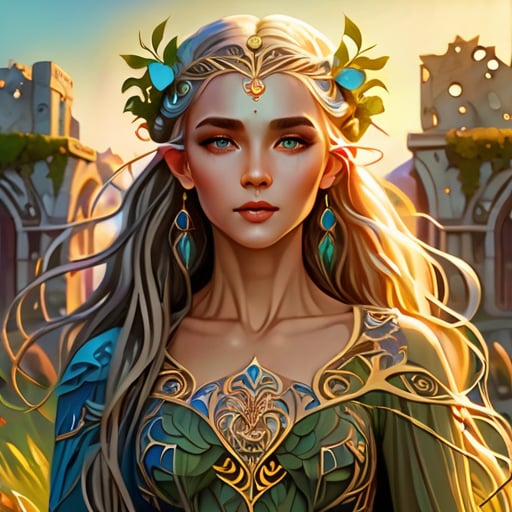 Imagine a beautiful elven princess wearing an intricate flowy dress walking through an enchanted field with ancient ruins in the background, flowery vines, hyperdetailed face, hyperdetailed eyes, flowy hair, 8k resolution, airbrushed, flawless design, neon glow elements, epic fantasy, circle swirl elements, in the style of gustav klimt and rebecca guay 