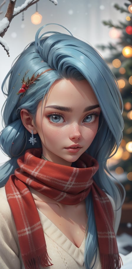 Aerial view, Cinematic professional results, hyperdetailed, Christmas wonder, beautiful woman dressed in winter clothing climbing a Christmas tree, bokeh, 8kUHD, with long flowy blue hair, rmwinterscape , cardinal-bird, portrait, red plaid scarf blowing in the wind,  intensively vivid colors,High detailed, glowing fractal glass elements 
